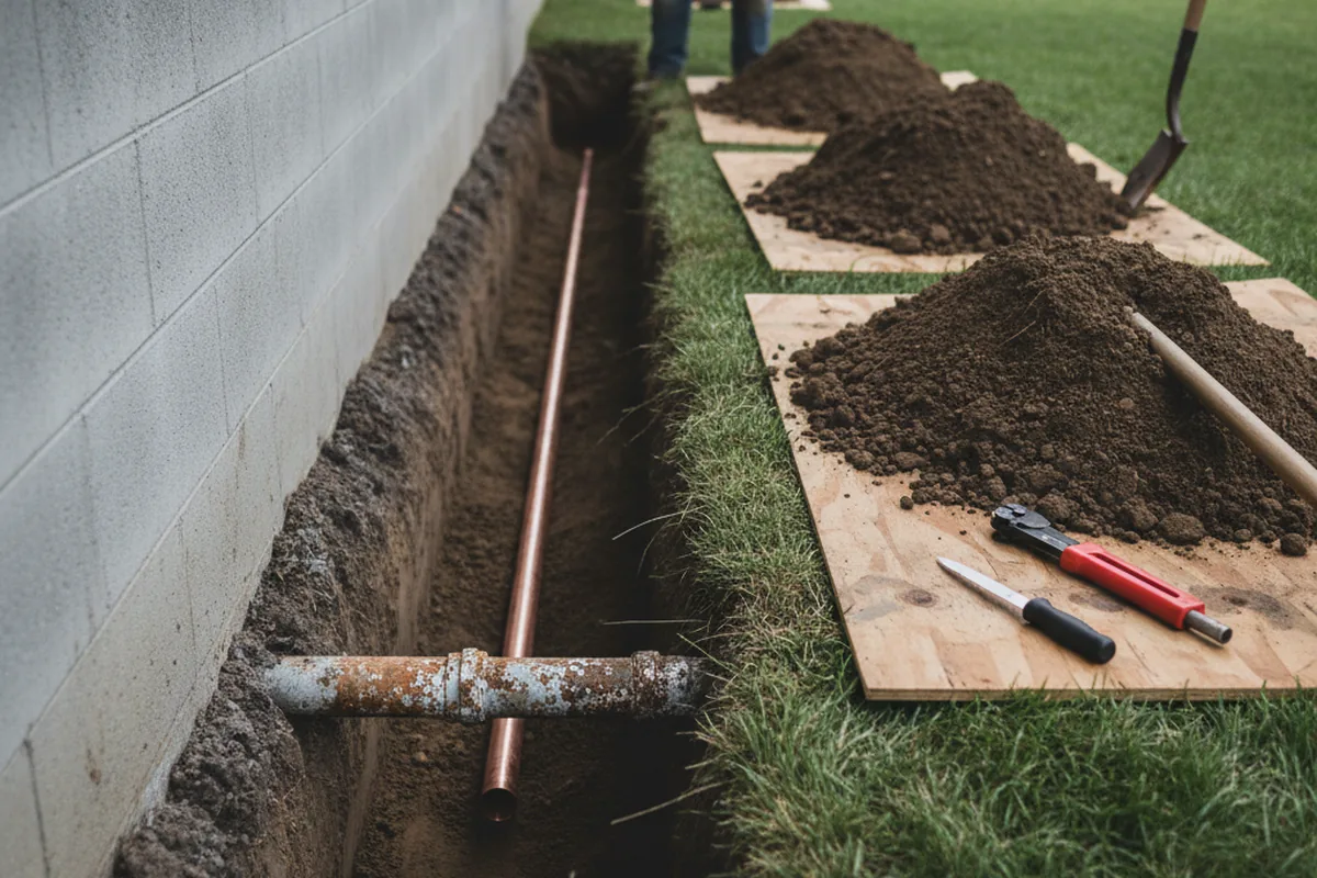 Excavated water line trench during Water Heater Repair in Trade